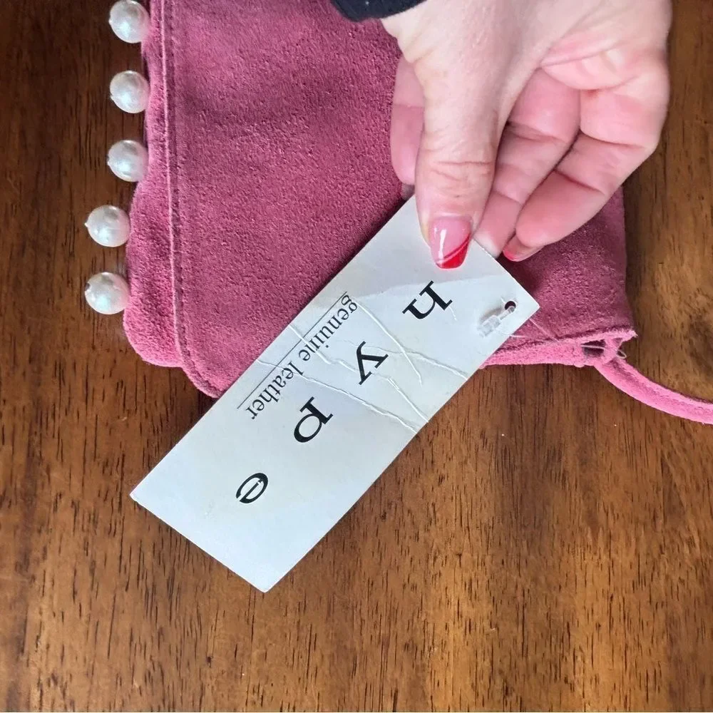 Hype Pink Suede Clutch with Faux Pearl Details